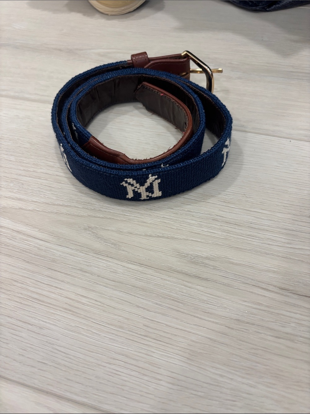 NY Yankees Navy Embroidered belt with Brown Leather Accents
